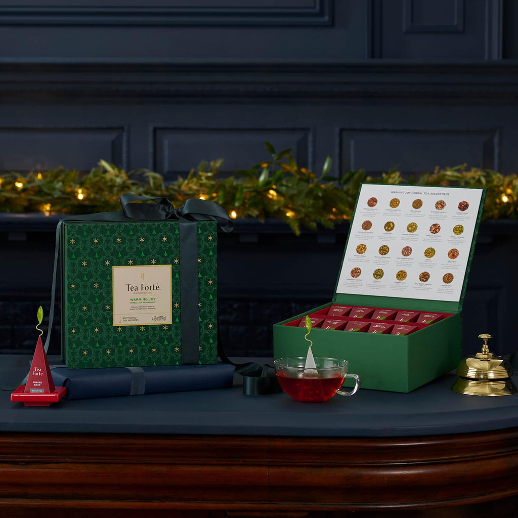 Warming Joy Holiday Herbal Premium Tea Chest Gift Sampler, 40 Count, 2 of Each Variety Blend Individually Wrapped Handcrafted Pyramid Infuser Bags