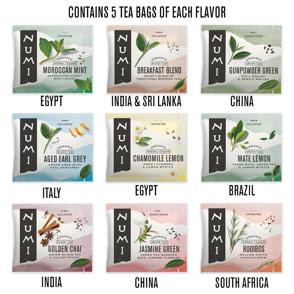 Organic Tea World of Tea Gift Set, 45 Tea Bags, Fair Trade Black, Green, Maté, Rooibos & Herbal Tea Sampler