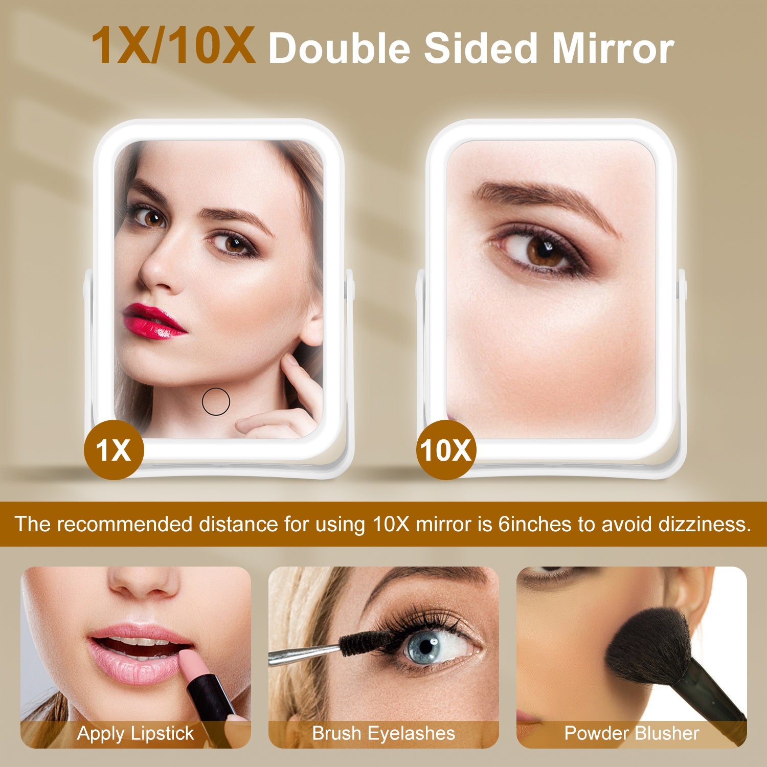 1Pc 10X Magnifying Lighted Makeup Mirror Double Sided Travel Makeup Mirror With 3 Light Colors Touch Screen USB Rechargeable