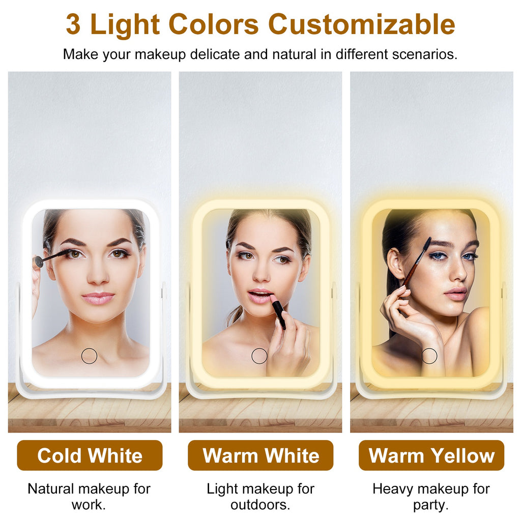 1Pc 10X Magnifying Lighted Makeup Mirror Double Sided Travel Makeup Mirror With 3 Light Colors Touch Screen USB Rechargeable
