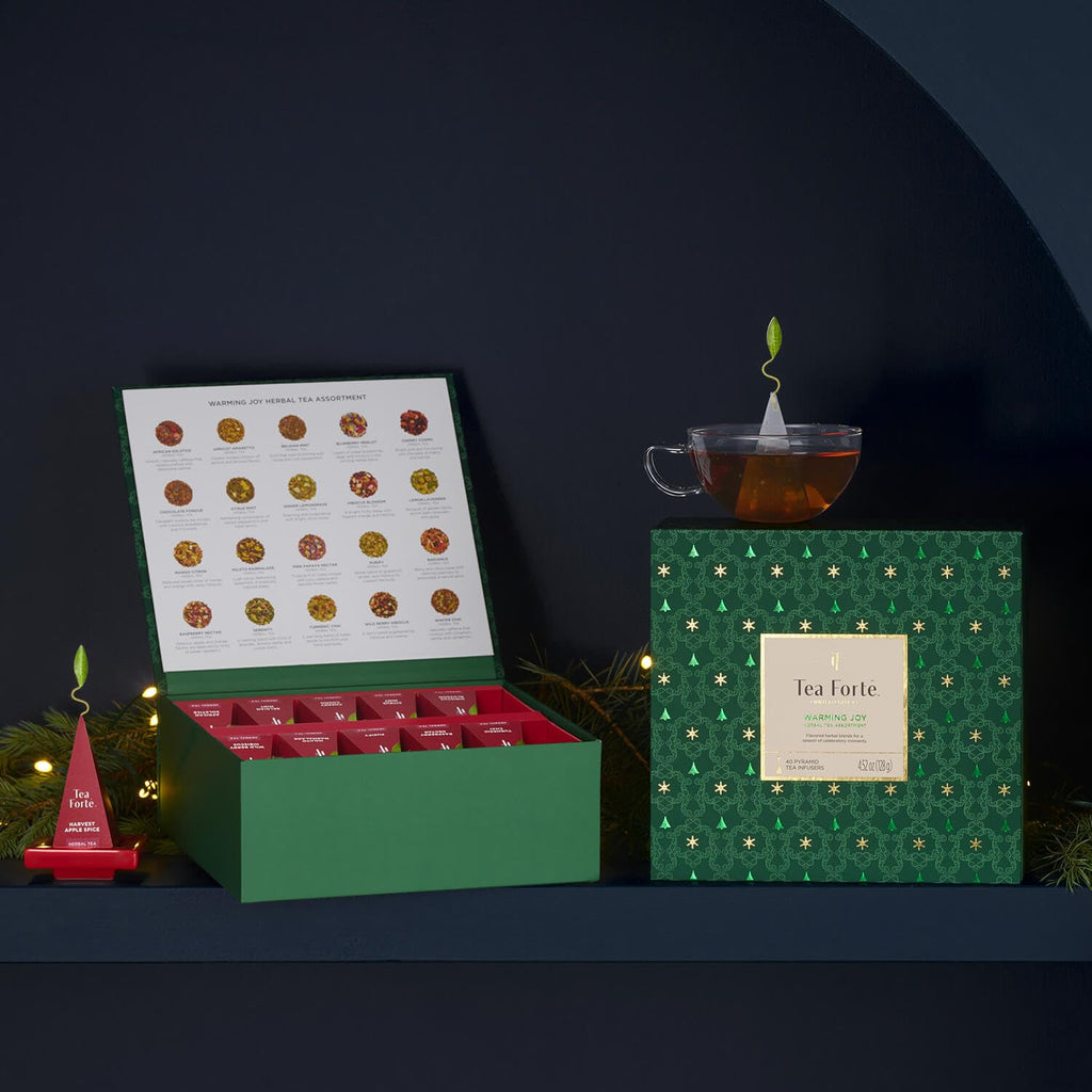 Warming Joy Holiday Herbal Premium Tea Chest Gift Sampler, 40 Count, 2 of Each Variety Blend Individually Wrapped Handcrafted Pyramid Infuser Bags